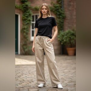 Beige Linen Blend Drawstring Pants - Relaxed Fit Casual Trousers
